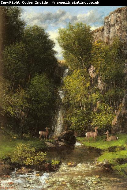 Gustave Courbet A Family of Deer in a Landscape with a Waterfall